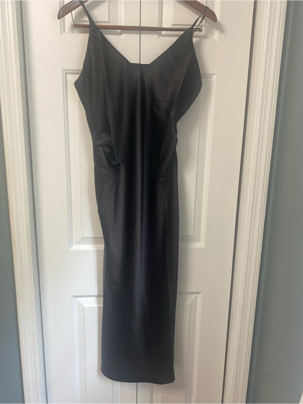GLO jeans Black Satin Midi Slip Dress with V-Neck